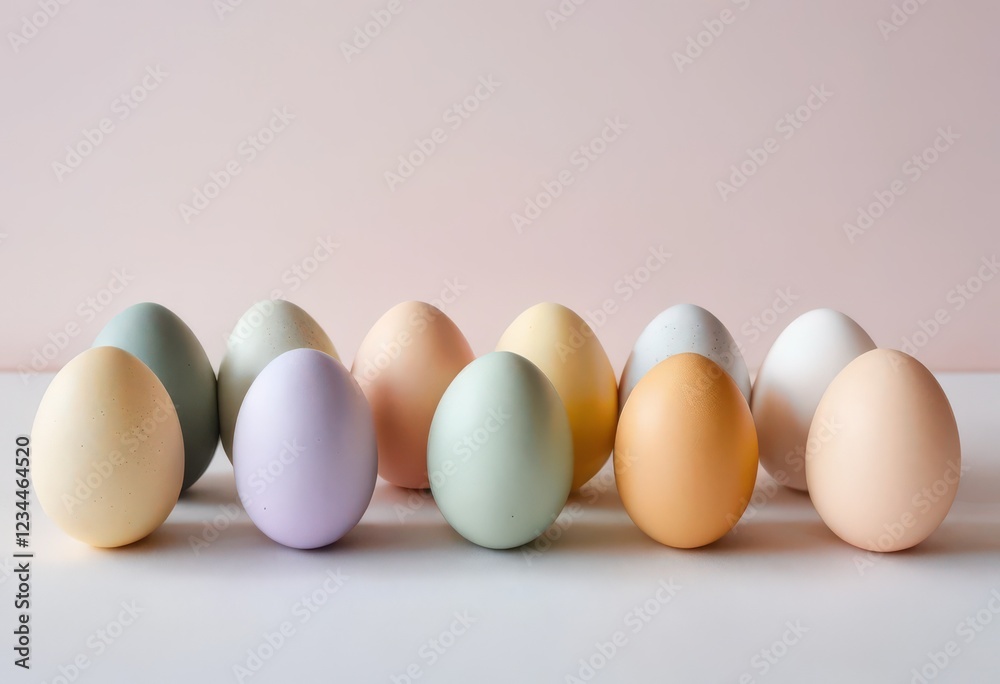 Pastel-colored eggs on white surface and soft pink background. Pastel-colored eggs on white surface and soft pink background.