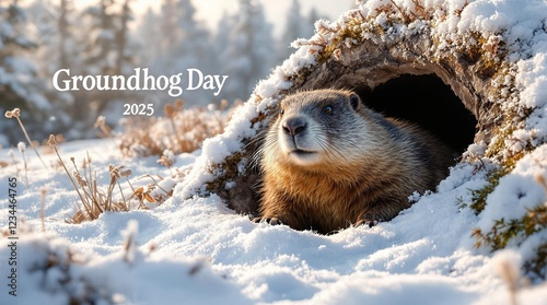 Groundhog comes out of its burrow. Winter, February, snowy forest. Postcard for February 2, Groundhog Day 2025 photo