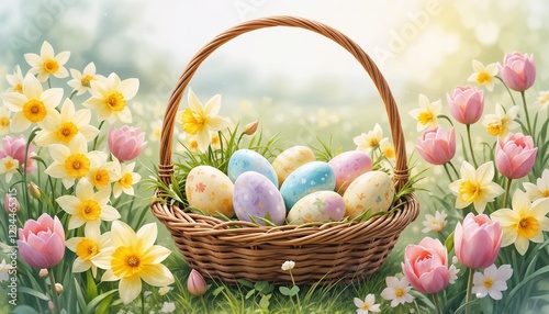 Easter eggs in a basket surrounded by flowers in a sunny spring garden