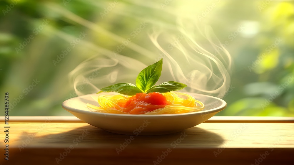 Steaming Plate of Spaghetti with Tomato Sauce and Fresh Basil Steaming Plate of Spaghetti with Tomato Sauce and Fresh Basil
