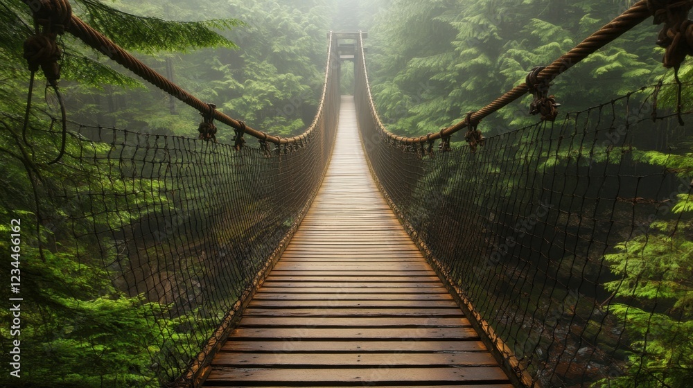 Fototapeta premium A rustic wooden suspension bridge stretches across a misty forest ravine, surrounded by towering rocky walls and dense greenery.