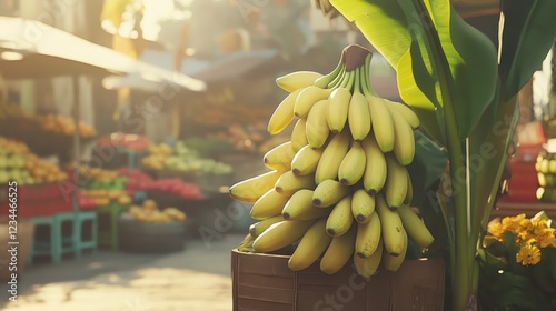 Fresh Bananas Display at Outdoor Market in Warm Natural Light photo