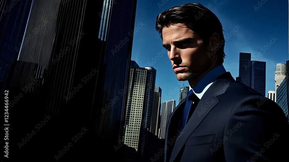 Fototapeta premium Stylish Man in Tailored Suit Walking Through Modern Cityscape