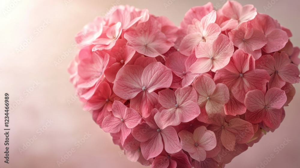 Obraz premium A serene heart-shaped composition of pink flowers, highlighted on a smooth gradient background with soft illumination.