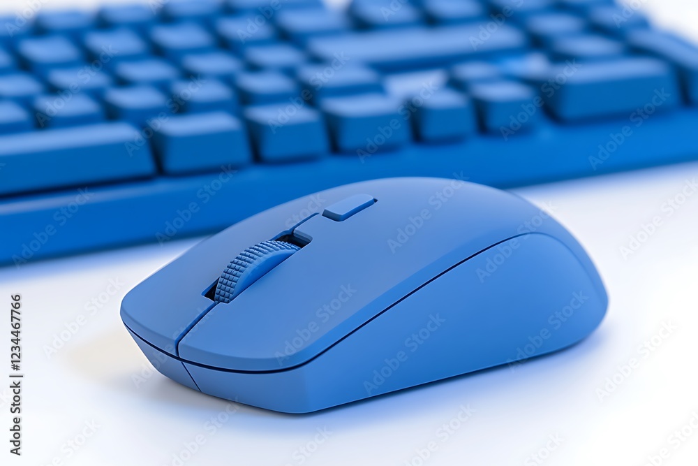 A blue computer mouse on a white background with a keyboard in the background A blue computer mouse on a white background with a keyboard in the background
