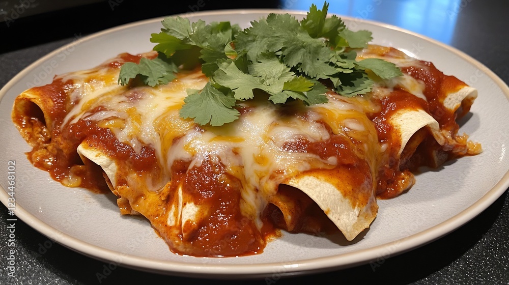 Plate of authentic Mexican enchiladas smothered red chili sauce and melted cheese garnished with fresh cilantro Plate of authentic Mexican enchiladas smothered red chili sauce and melted cheese garnished with fresh cilantro
