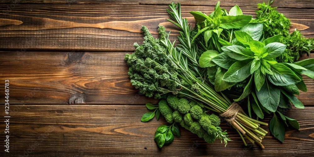Dense cluster of large herb leaves on a wooden table , Plant Life , Botanicals, Plant Life Dense cluster of large herb leaves on a wooden table , Plant Life , Botanicals, Plant Life
