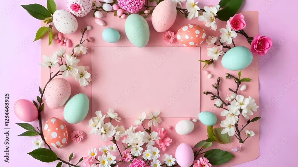 Decorated Easter eggs with flowers laid out in a circle on a pink background with a pink leaf in the center with space for copy text. Spring card. Valentine's day, wedding day and anniversary concept