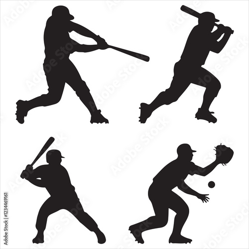 set of black various poses baseball player silhouette	
