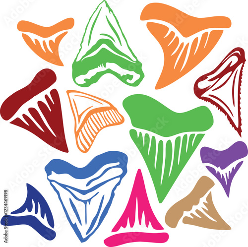 Isolated Fossil Shark Teeth with different colors, Paleontologist fossil hunting vector silhouette color print
