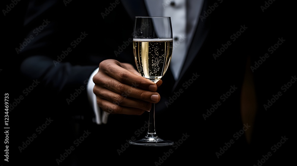 Elegant Man in Tuxedo Holding Glass of Champagne in Dark Setting Elegant Man in Tuxedo Holding Glass of Champagne in Dark Setting