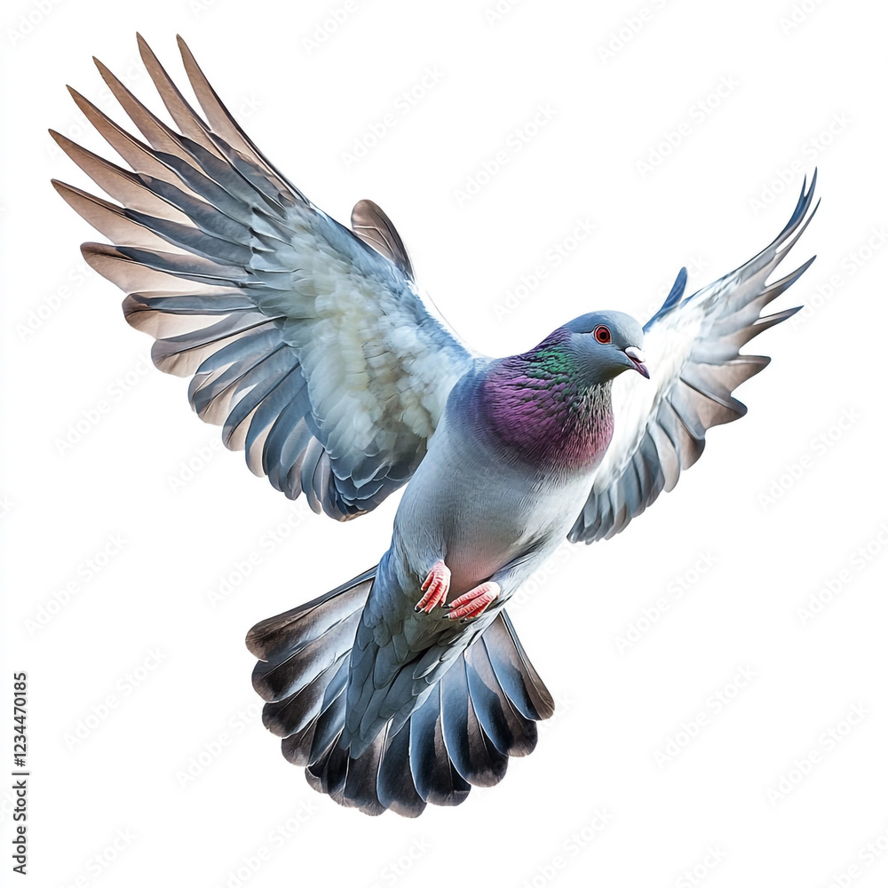 Naklejka premium A pigeon with iridescent green and purple feathers on its neck is captured mid-flight with wings fully spread against a white background.