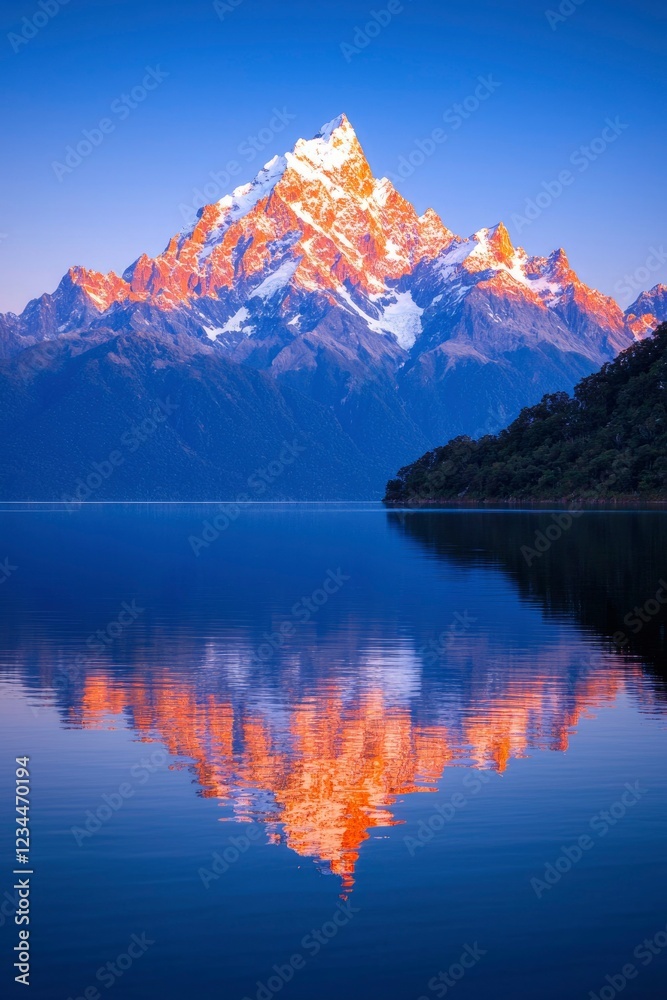 Naklejka premium Majestic Mountain Peak Reflecting in Calm Lake Waters