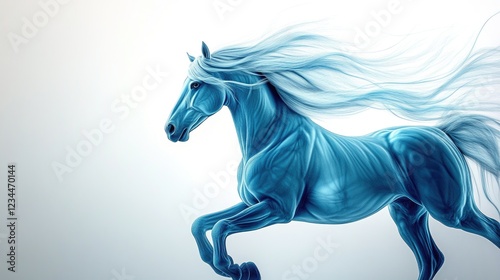 Blue horse running, windswept mane, light background, fantasy art, design element