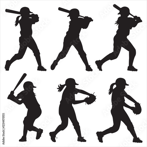 set of black various poses baseball player silhouette	