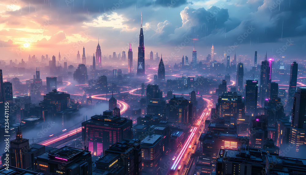 Fototapeta premium Stunning Futuristic Cityscape at Sunset with Rain