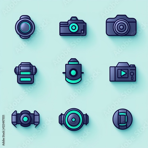 A collection of stylized camera and video icons arranged in a 3x3 grid, featuring modern designs and a cool color palette.
