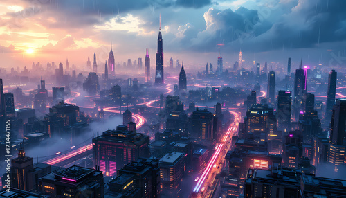 Wallpaper Mural Stunning Futuristic Cityscape at Sunset with Rain Torontodigital.ca