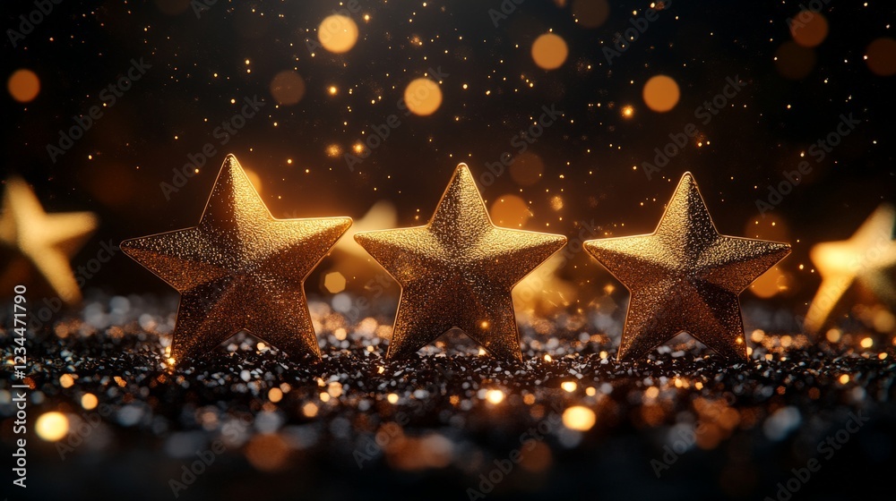 Golden stars scattered on a glittery dark surface with glowing lights. Perfect for festive or celebration themes. Golden stars scattered on a glittery dark surface with glowing lights. Perfect for festive or celebration themes.