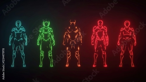 A futuristic lineup of four armored figures, glowing in green and red hues, showcasing a sci-fi aesthetic in a dark background.