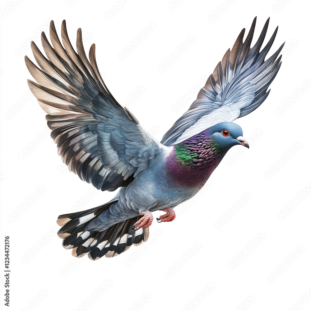 Obraz premium A pigeon with iridescent green and purple feathers on its neck is captured mid-flight with wings fully spread against a white background.