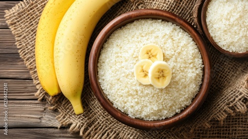 Fresh Bananas and Coconut Flakes in Wooden Bowls on Rustic Table photo