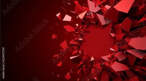 A vibrant red abstract design featuring fragmented shapes radiating outward, creating a dynamic and energetic visual effect.