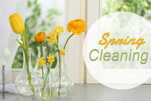 Spring cleaning. Beautiful flowers in glass vases on windowsill photo