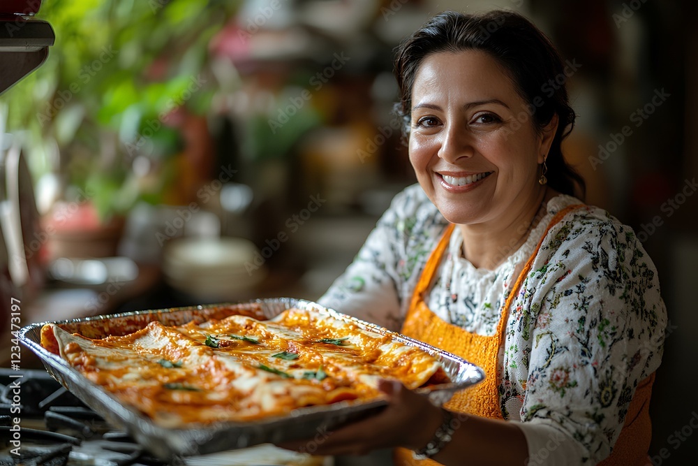 A Mexican mom in her late pulling a tray of freshly baked enchiladas out of the oven in a home kitchen, rich textures dominate
