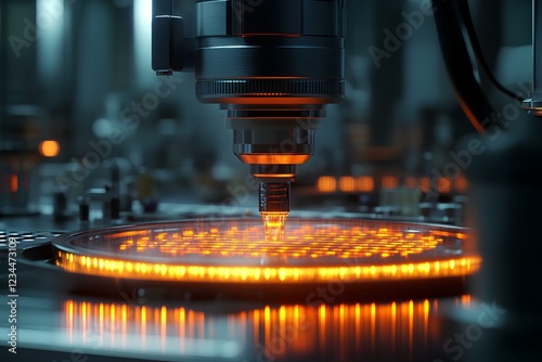 A hyper-realistic scene of a precision industrial dropper working in a clean high-tech laboratory, glowing panel underneath, intricate detail, sharp focus on textures and lighting 