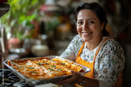 Obraz na płótnie A Mexican mom in her late pulling a tray of freshly baked enchiladas out of the oven in a home kitchen, rich textures dominate w salonie
