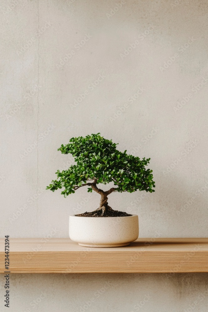 Miniature Bonsai Tree In A Neutral Pot On A Shelf Miniature Bonsai Tree In A Neutral Pot On A Shelf