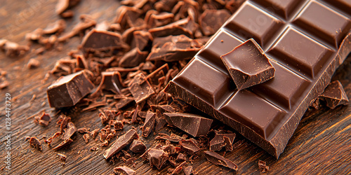 foods high in magnesium concept. Dark Chocolate Bar with Shavings on Wooden Surface