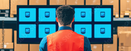logistics professional analyzing data large screen warehouse. environment is organized with boxes background, showcasing efficiency and technology