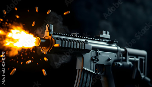 Dark background, flaming rifle muzzle, shooting fire, military weapon, night scene, high contrast, intense lighting, metallic gun barrel, tactical firearm, sparks flying, muzzle flash, dramatic illumi