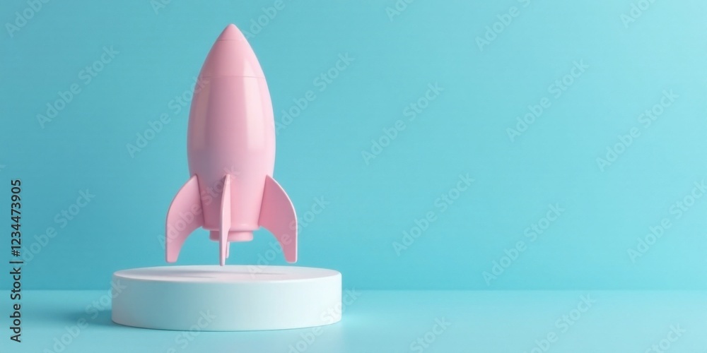 A Pink Rocket Ship Ready for Liftoff on a Cylindrical Platform Against a Light Blue Background A Pink Rocket Ship Ready for Liftoff on a Cylindrical Platform Against a Light Blue Background