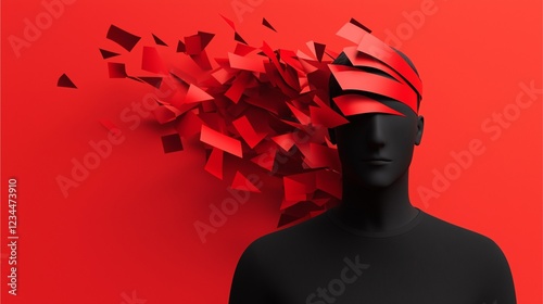 A striking art piece featuring a black silhouette with a fragmented red head against a vivid red background, symbolizing creativity and mental explosion.