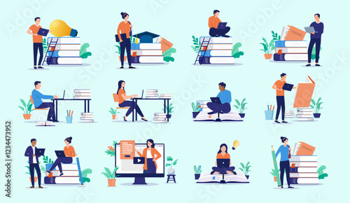 Studying end education vector collection - Set of graphics with student people working and reading for school and courses online. Flat design illustrations on blue background