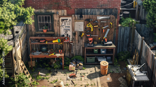 At a tool-sharing event, neighbors exchange tools, using a board to list available items and sign-out sheets to ensure smooth borrowing and lending in the community.