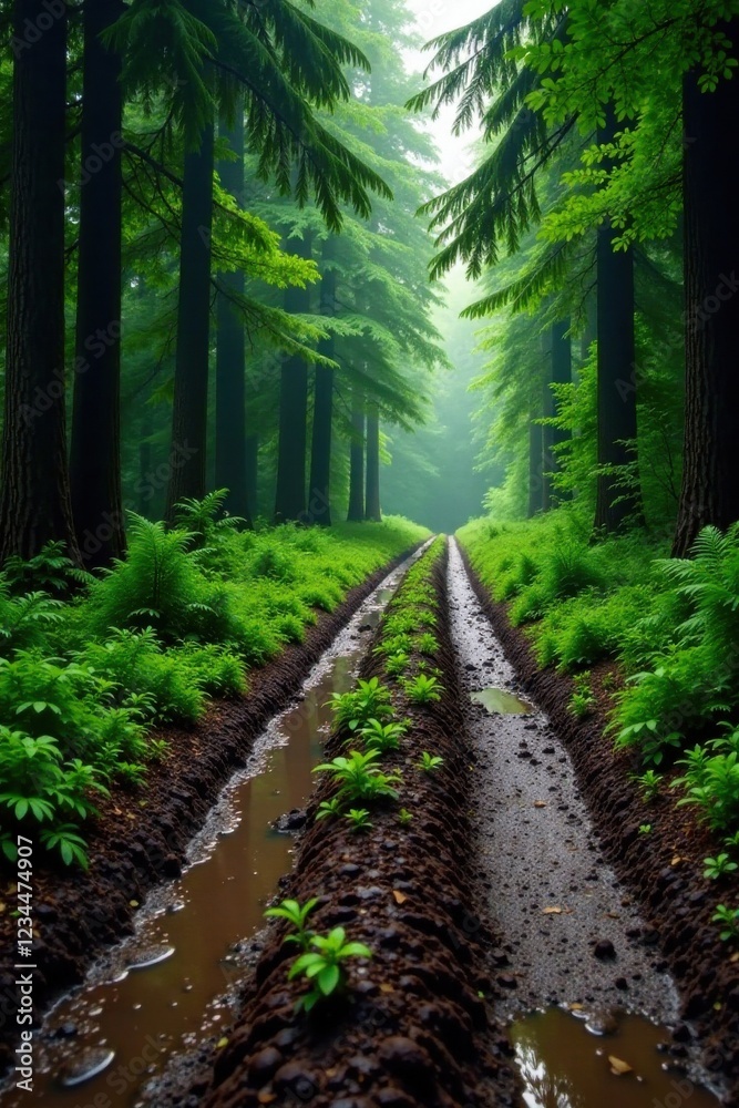 Fototapeta premium Serene Forest Path A Misty Green Canopy, Twin Ruts Reflecting Tranquil Waters, Lush Undergrowth