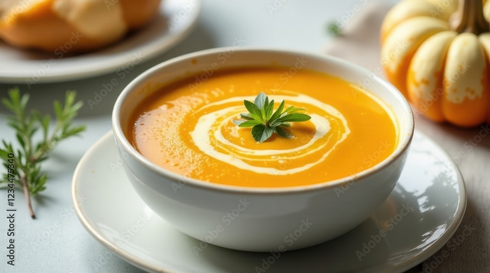 Creamy Autumnal Soup in a Bowl, Garnished with Fresh Herbs and a Swirl of Cream, Served with Bread Creamy Autumnal Soup in a Bowl, Garnished with Fresh Herbs and a Swirl of Cream, Served with Bread
