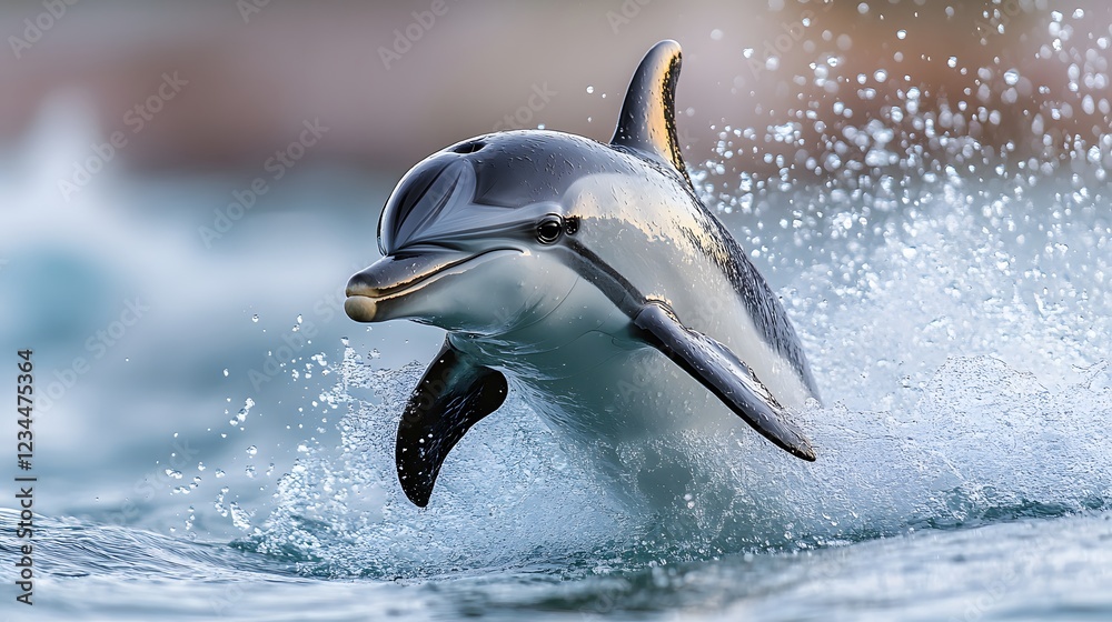Obraz premium Smiling dolphin jumping out of the water with a sparkling ocean background