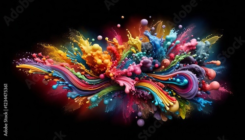 A vibrant splash of colorful liquid paint bursting outward in a spectacular flow of hues, with fluid streams twisting and curling in rainbow patterns, creating a