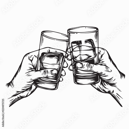 Toasting glasses with whiskey sketch hand drawn Vector image on white background.