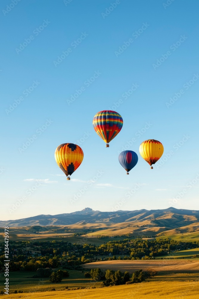 Fototapeta premium Colorful Hot Air Balloons Soar Over Rolling Hills