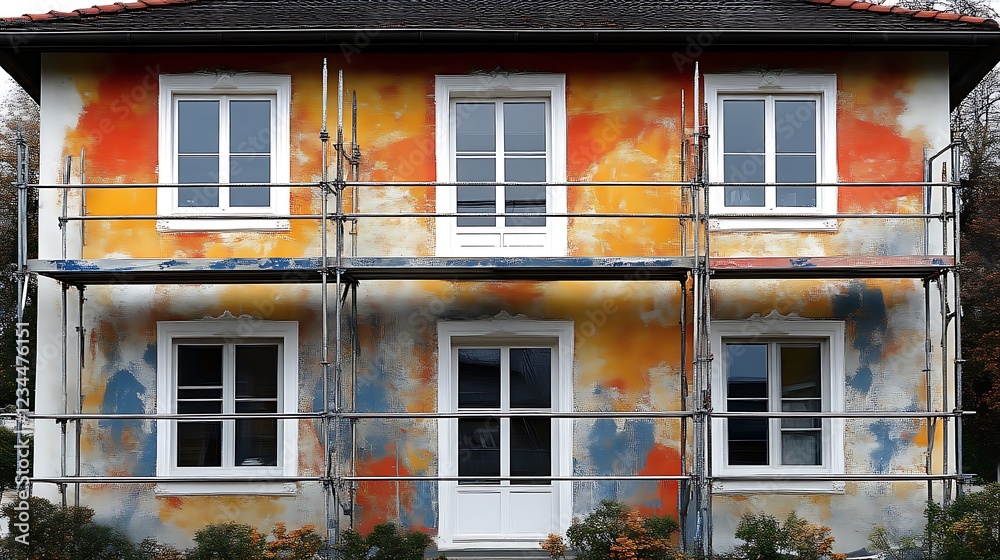 Obraz premium Facade of house under renovation with scaffolding, colorful wall, and white windows