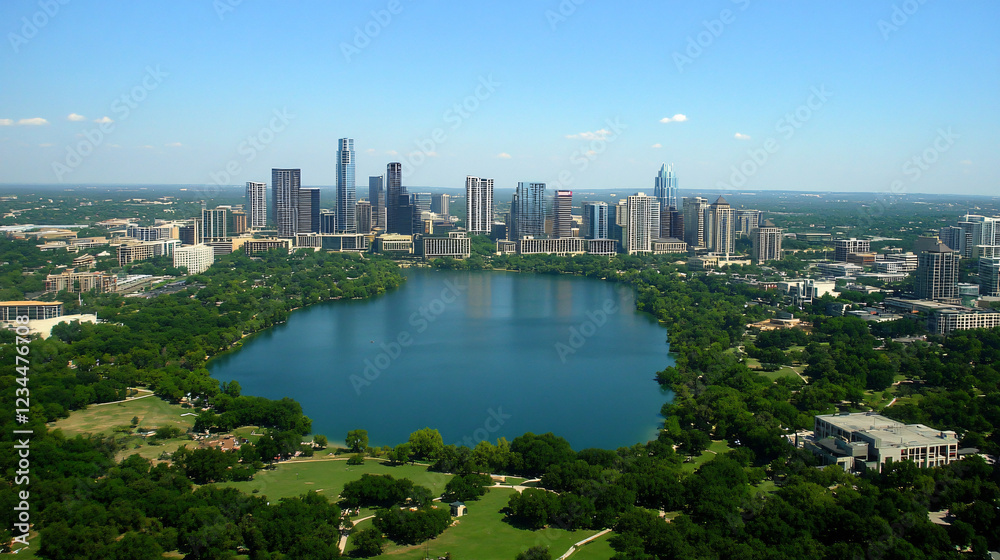 Naklejka premium Under the evening blue sky, the iconic skyline of Austin with its tall, modern buildings is clearly reflected in Lake Josephine, presenting a bustling and lively cityscape that defines Texas's capital