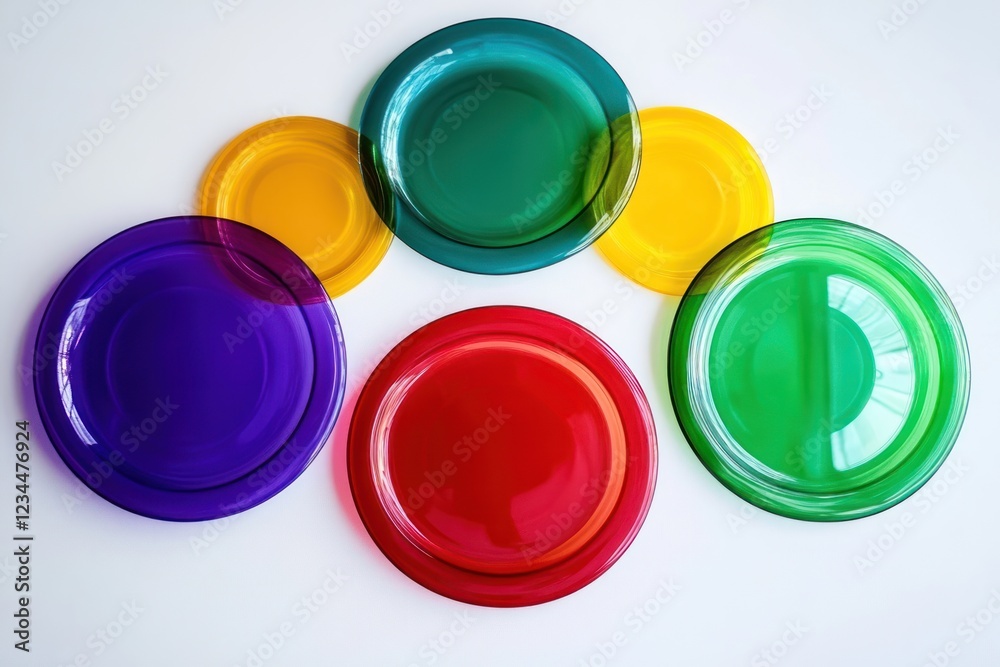 Colorful plates arranged on white background; rainbow-like, kitchen setting, food preparation Colorful plates arranged on white background; rainbow-like, kitchen setting, food preparation