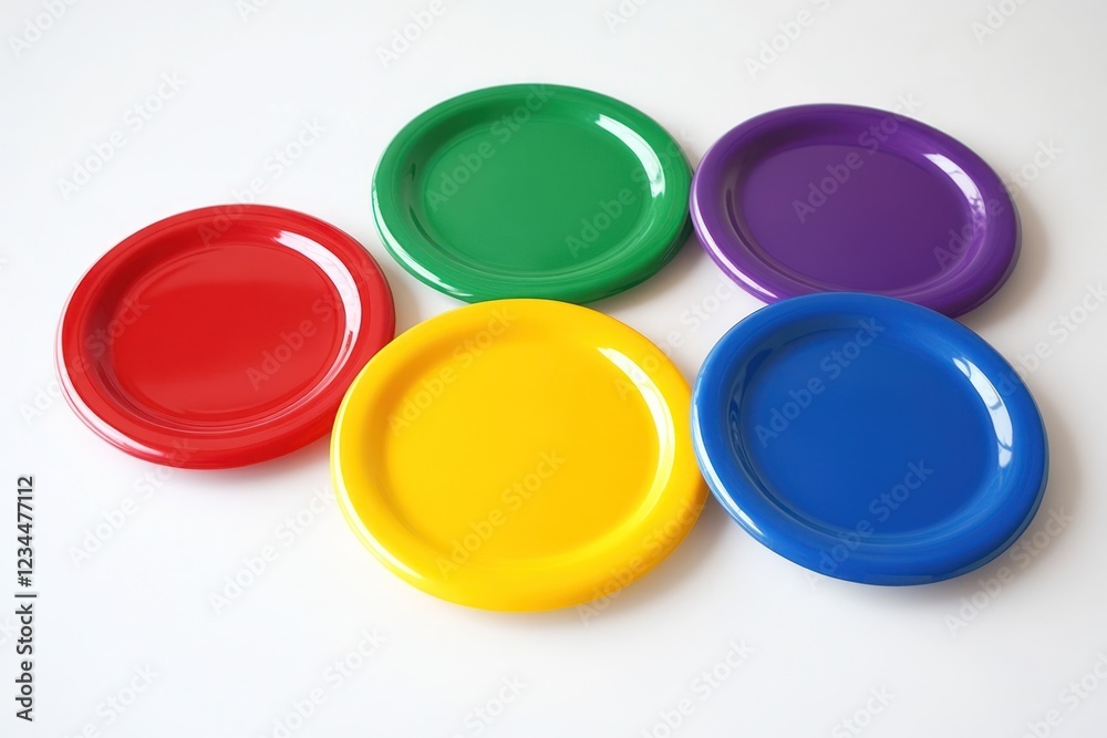Colorful plates arranged on white background, party supplies, food preparation Colorful plates arranged on white background, party supplies, food preparation
