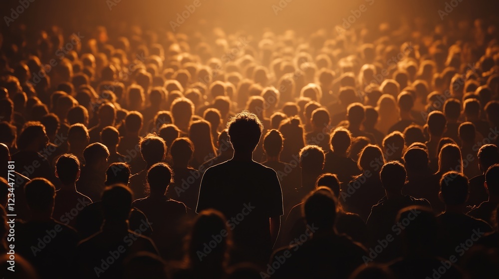 Obraz premium A glowing figure standing out in a dark crowd, symbolizing individuality or uniqueness. Great for leadership or creative themes.